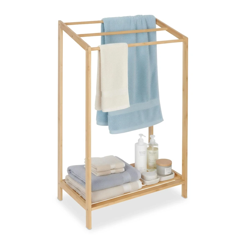 Relaxdays Bamboo Towel Stand, 3 Bars, with Shelf, HWD: 86 x 52.5 x 32 cm, Free-Standing, Bathroom Towel Holder, Colour
