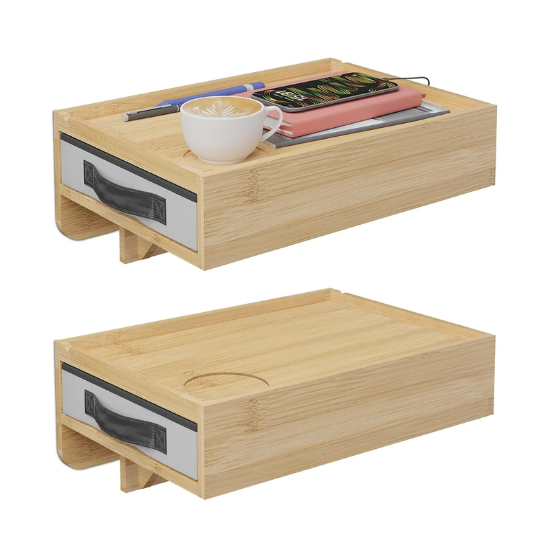 Relaxdays clip-on bedside table, 2-piece set, bamboo, HxWxD: 14 x 37 x 26.5 cm, drawer, bedside shelf, natural