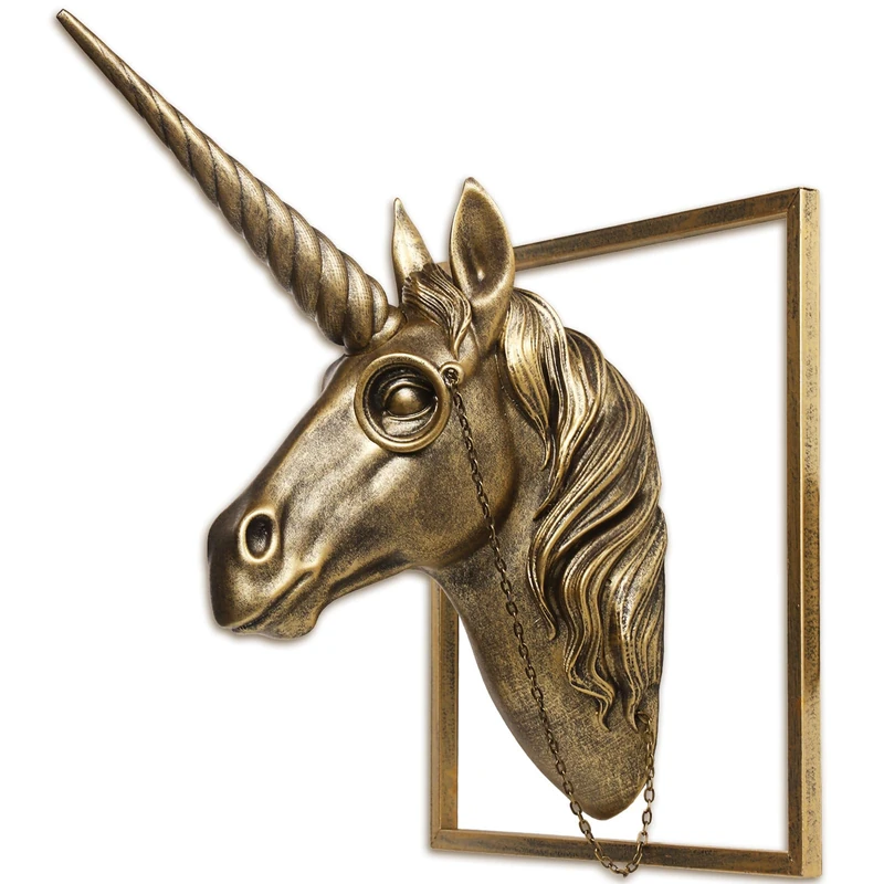 JJALIGHTS Exquisite Resin Animal Head Wall Sculpture (Gift Metal Frame) - Imitation Copper Vintage Decor for Living Room, Bedroom & Office | Decorative Wall Hanging Art (Unicorn)