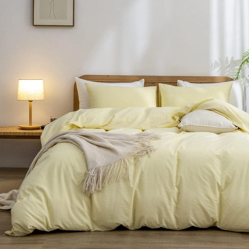 BESTOUCH Cotton Solid Duvet Cover Set Linen Feel Light Yellow Alaska King
