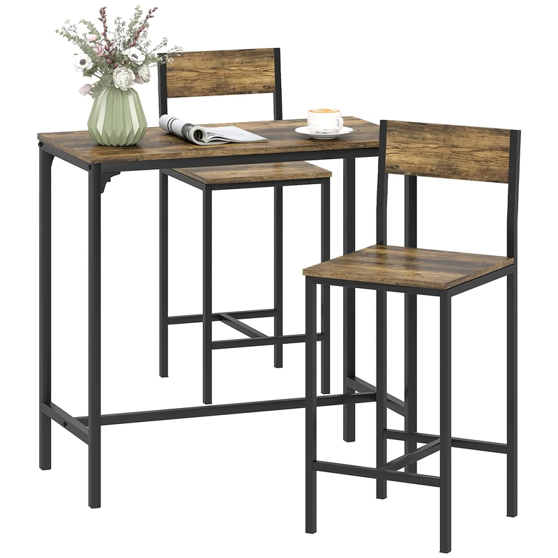 HOMCOM 3-Piece Bar Table and Stools Set, Industrial Breakfast Bar Set with Footrest, Backrest, Metal Frame, Kitchen Table and 2 Chairs for Dining Room, Small Space, Rustic Brown
