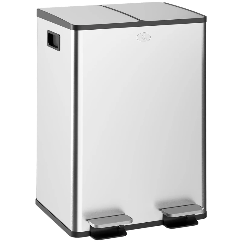 HOMCOM Dual Kitchen Bin, 2 x 28L Stainless Steel Double Rubbish Bin with Soft Close Lid, Removable Inner Buckets, Fingerprint-Proof for Recycling and Waste, Silver Tone - Image 1