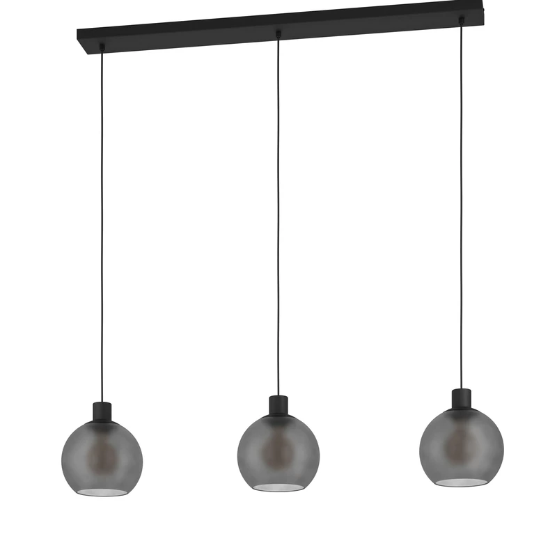 Eglo Pendant Light Kugel Cesenatico 1, 3-Light Pendant Over Dining Table, Glass Globe Hanging Light in Black Metal and Smoked Glass, E27 Socket, 105.5 cm