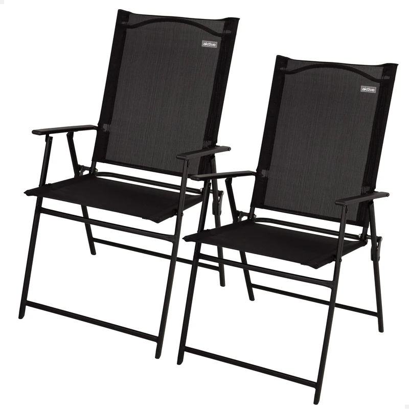 AKTIVE Set of 2 Folding Chairs, Made of Textilene and Steel, Folded Slim Flat Effect, Black, with Armrests, Max 110 kg, Lightweight and Compact Design, Ideal for Garden or Terrace (61147)