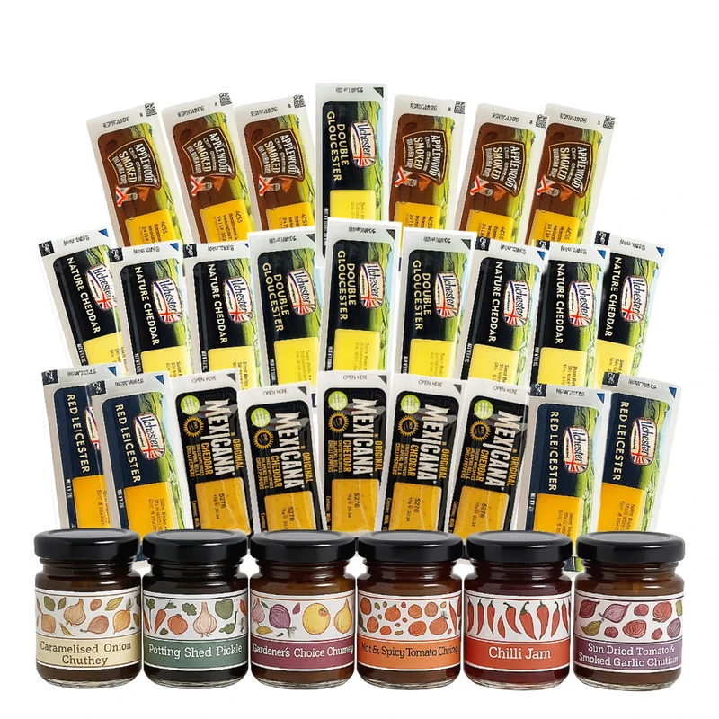 Luxury Cheese & Chutneys Selection for Hamper - 25 Individually Wrapped Cheese Portions in 5 Flavours with 6 x 35g Mini Chutneys Jars. Great for Lunch Box, Cheese Gift Set, Birthday Party Cheeseboard