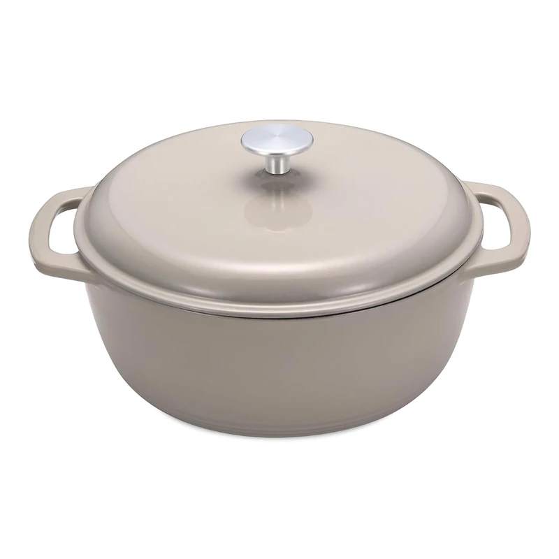 Amazon Basics Cast Iron Casserole Dish with Lid, Enamelled, Round, Heavy-Duty, 5.7 L, Linen Grey