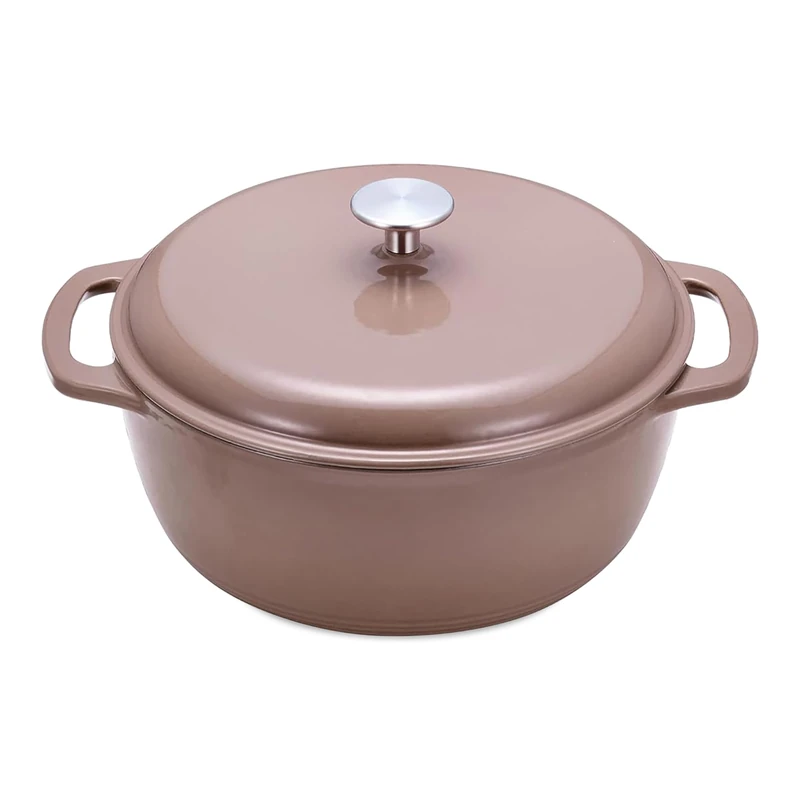 Amazon Basics Cast Iron Casserole Dish with Lid, Enamelled, Round, Heavy-Duty, 6.9 L, Clay