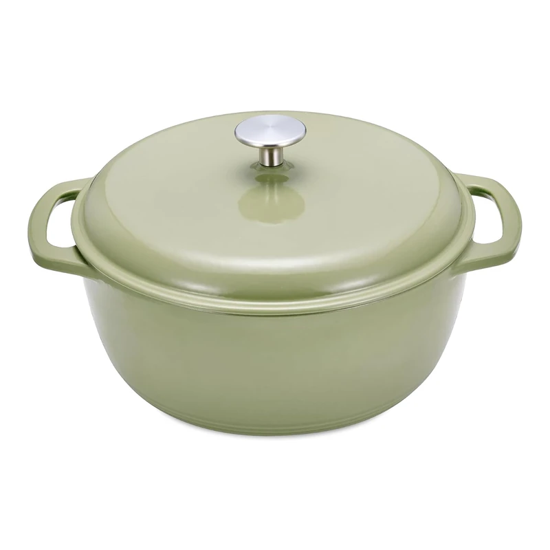 Amazon Basics Cast Iron Casserole Dish with Lid, Enamelled, Round, Heavy-Duty, 5.7 L, Olive