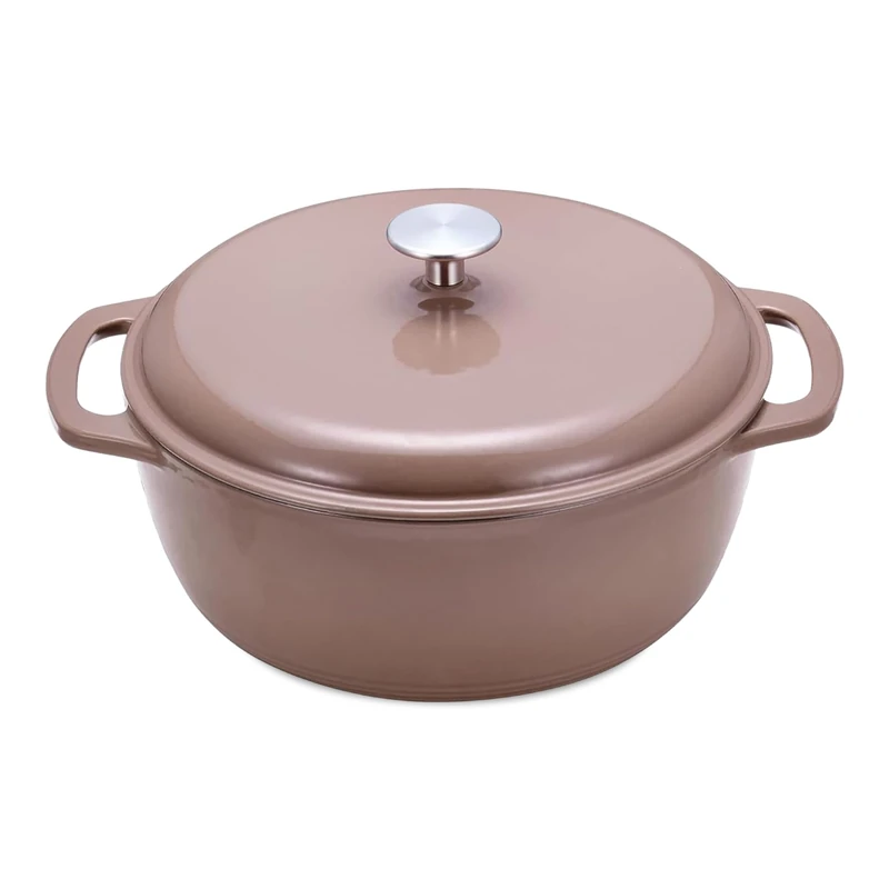 Amazon Basics Cast Iron Casserole Dish with Lid, Enamelled, Round, Heavy-Duty, 5.7 L, Clay