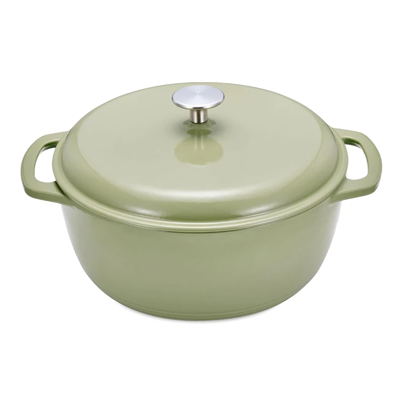 Amazon Basics Cast Iron Casserole Dish with Lid, Enamelled, Round, Heavy-Duty, 6.9 L, Olive