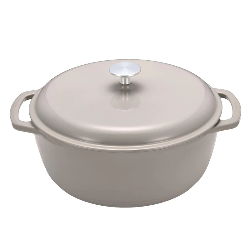 Amazon Basics Cast Iron Casserole Dish with Lid, Enamelled, Round, Heavy-Duty, 6.9 L, Linen Grey