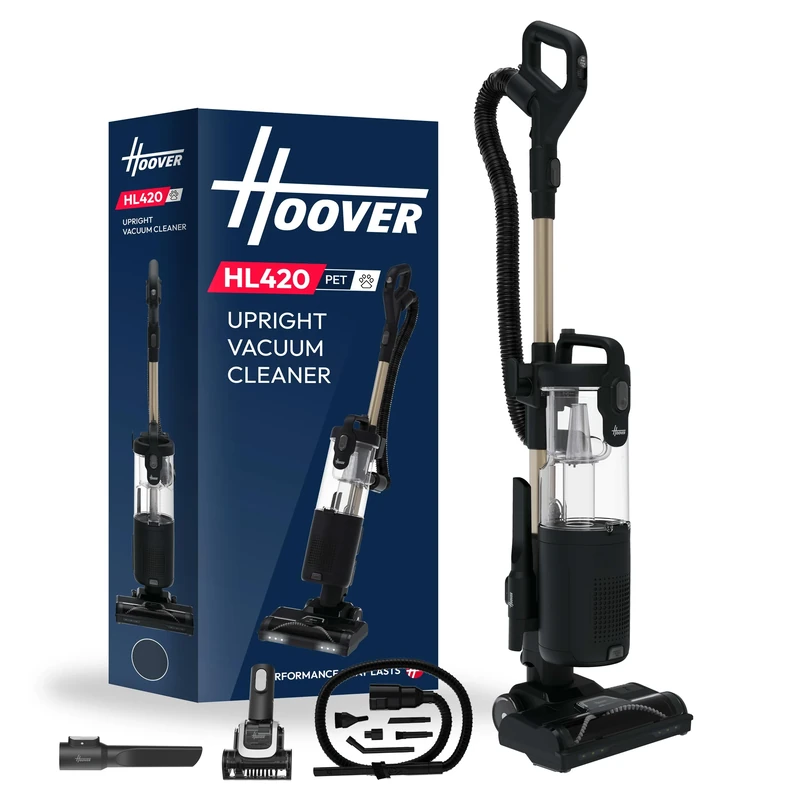 Hoover HL4 Upright Vacuum Cleaners 850W Lift-Away, Anti-Hair Wrap, Anti-Allergy with LED Headlights, 2.5L Bin, 7.6m Cord, Crevice Tool, Pet Tool and Car Tool Black/Gold HL420PTC