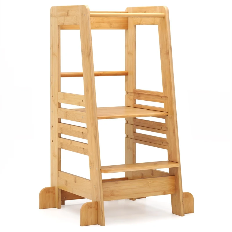 FANTASK Montessori Children's Bamboo Step Stool Learning Tower Height Adjustable with Safety Railing & Non-Slip Design Montessori Step Ladder Maximum Load 70 kg for Kitchen and Bathroom Natural - Image 1