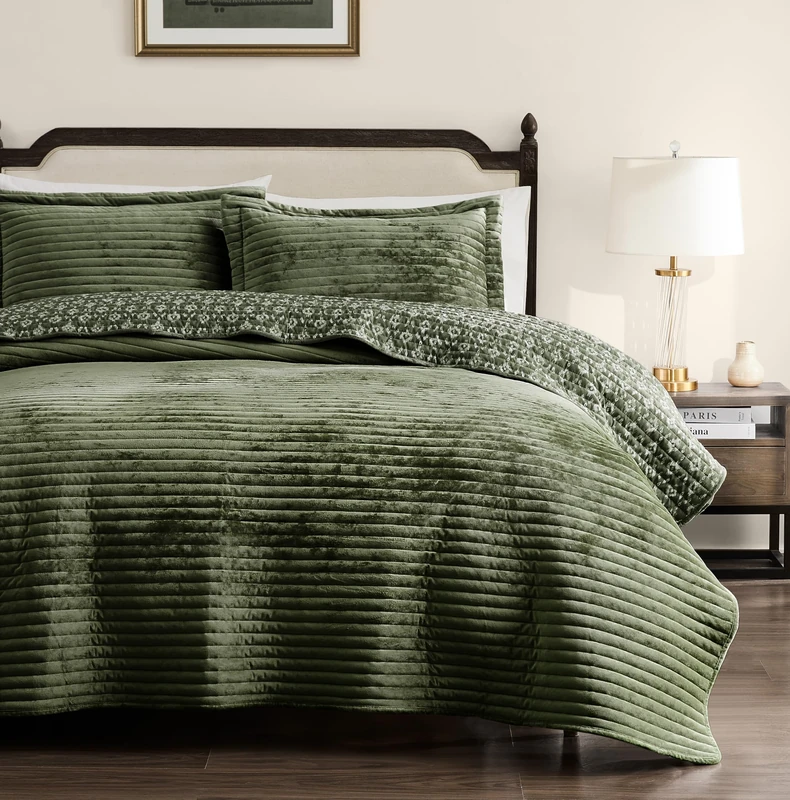 WDCOZY Velvet King Size Quilt Set - Olive Green Striped Soft Lightweight Bedspread, Dark Green Neutral Channel Farmhouse Country Rustic Coverlet, Modern Bedding Warm Thin Comforter, 3 Pieces