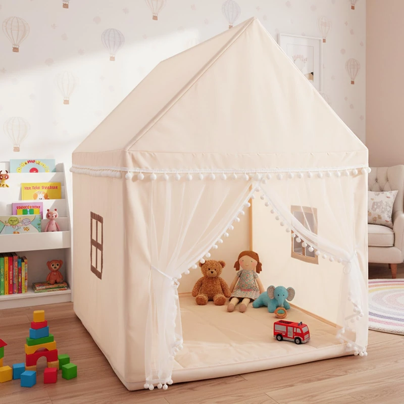 GYMAX Kids Play Tent, Large Wooden Playhouse (Beige)