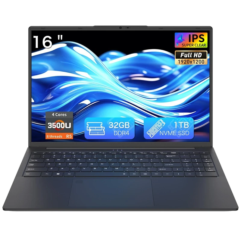 Auusda 16 Inch Laptop 32GB RAM 1TB NVMe SSD Quad-Core Processor Up to 3.7GHz 1200P IPS Display USB-C Full Function Fingerprint Login Backlit Keyboard WiFi 6 Lightweight Black Laptop
