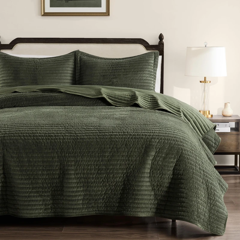 WDCOZY Velvet King Size Quilt Set - Olive Green Striped Soft Lightweight Bedspread, Dark Green Neutral Ribbed Farmhouse Country Rustic Coverlet, Modern Bedding Warm Thin Comforter, 3 Pieces