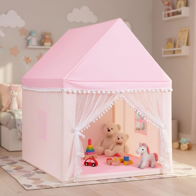 GYMAX Kids Play Tent, Large Wooden Playhouse with Washable Mat and Windows, Indoor Outdoor Toddler Castle Fairy Tent (Pink)