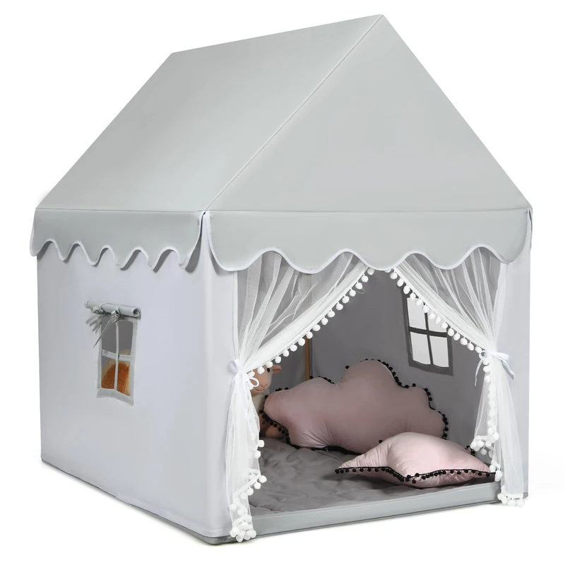 GYMAX Kids Tent, Castle Play House with Washable Cotton Mattress, Play Gaming Tent for Indoor Outdoor (Grey)