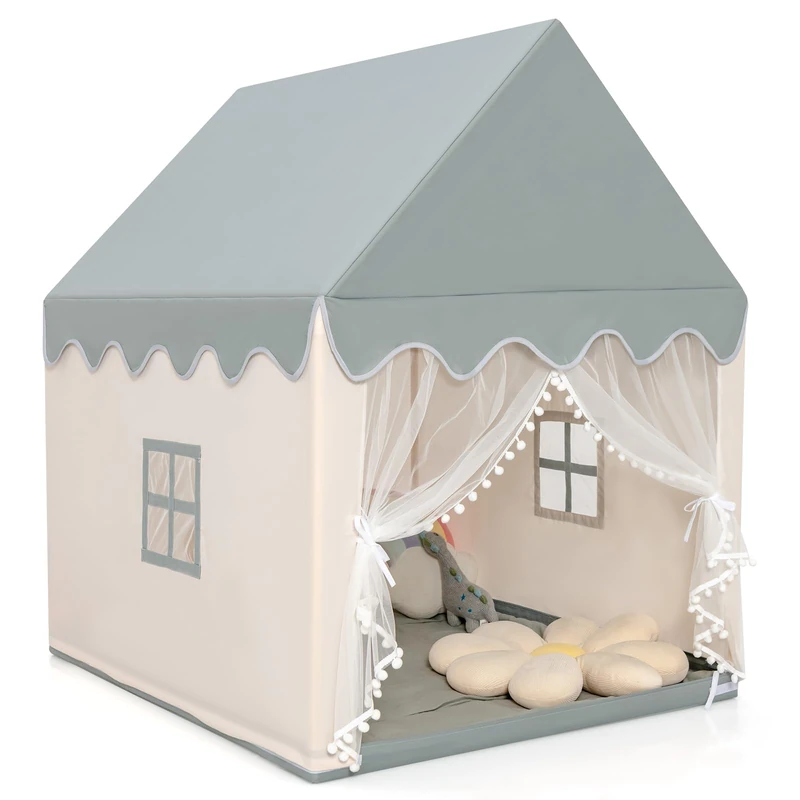 GYMAX Kids Tent, Castle Play House with Washable Cotton Mattress, Play Gaming Tent for Indoor Outdoor (Beige+Grey)