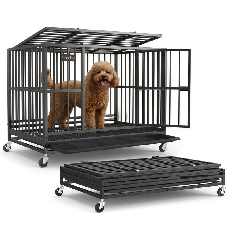 Feandrea Heavy-Duty Dog Crate, 5-Minute Quick Assembly, Foldable Dog Kennel Cage with Lockable Wheels, Double Doors, Escape Proof Fixed Bottom, Ink Black, 93.5 x 59 x 71 cm PPD032BH01