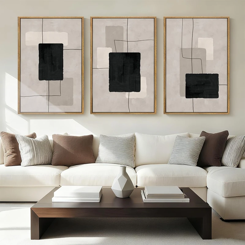 ANHUIB Modern Abstract Wall Art Canvas,Neutral Abstract Wall Art Framed,Contemporary Minimalist Prints,Geometric Line Artwork,3 Piece 16 * 24IN Mid Century Painting for Living Room Bedroom Office