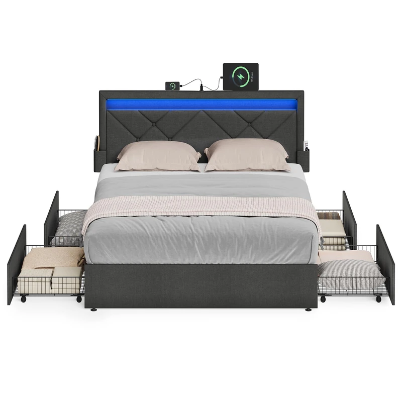 VASAGLE King Bed Frame with LED Lights, Adjustable Headboard, Platform Bed with Underbed Storage Drawers, USB-A and USB-C Ports, 500 kg Weight Capacity, No Box Spring Needed, Slate Grey RMB927GN01