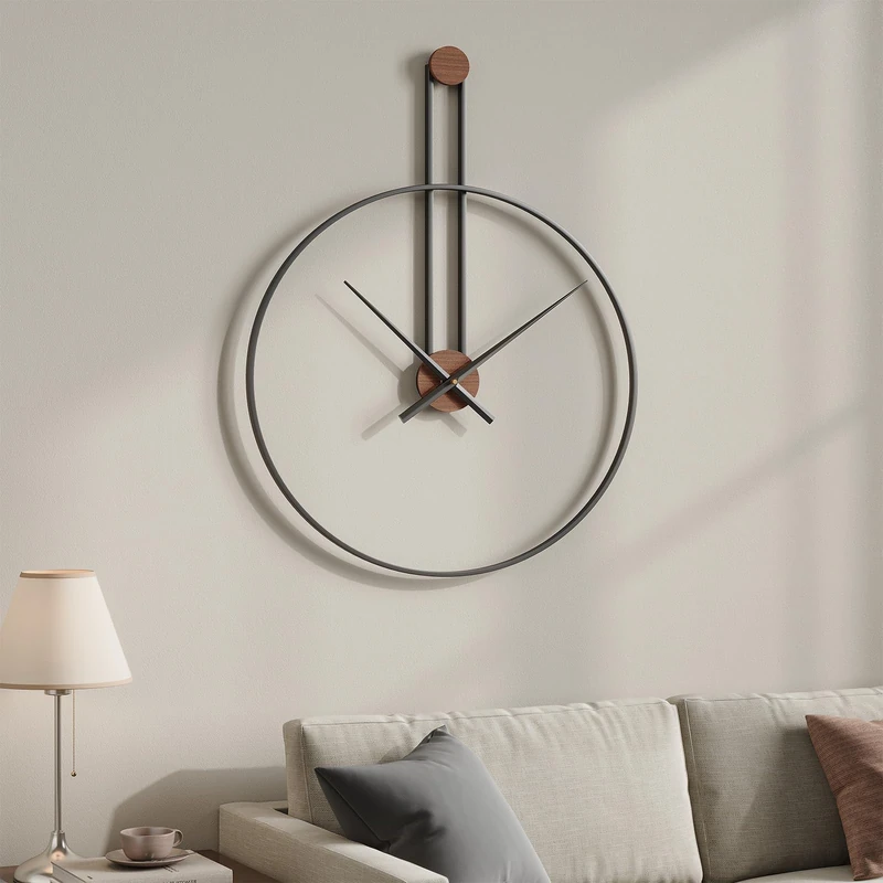 Cuspin Large Wall Clock 24 Inch, Modern Silent Non-Ticking Clocks for Living Room Decor, Minimalist No Numbers Battery-Operated Wall Clock, Black Metal Open Frame with Wood Accent