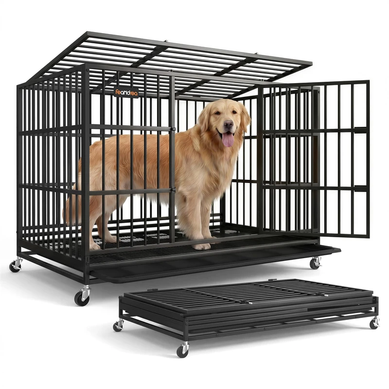 Feandrea Heavy-Duty Dog Crate, 5-Minute Quick Assembly, Foldable Dog Kennel Cage with Lockable Wheels, Double Doors, Escape Proof Fixed Bottom, Ink Black, 122 x 75 x 88 cm PPD035BH01