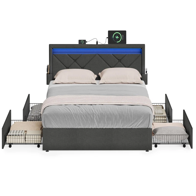 VASAGLE Double Bed Frame with LED Lights, Adjustable Headboard, Platform Bed with Underbed Storage Drawers, USB-A and USB-C Ports, 500 kg Weight Capacity, No Box Spring Needed, Slate Grey RMB926GN01