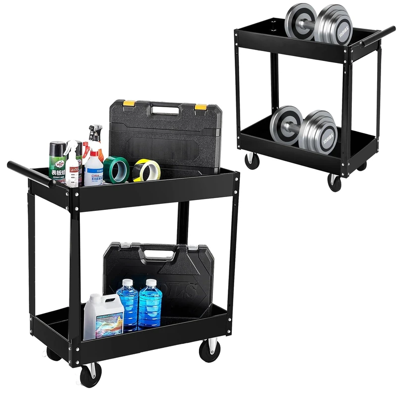 2 Tiers Rolling Metal Tool Trolley-Heavy Duty 300lbs Mechanic Cart on Wheels, Utility Rolling Tool Storage Organizer for Garage, Workshop & Warehouse