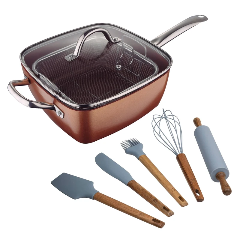 Optimum Copper Bergner Square Pan Set 24 x 24 cm in Pressed Aluminium + Set of 5 Kitchen Utensils in Silicone and Wood