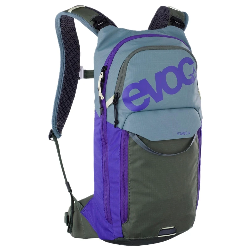 EVOC STAGE 6 + HYDRATION BLADDER 2, Backpack (adjustable shoulder straps, AIR FLOW CONTACT SYSTEM, backpack with 2-litre hydration bladder and tool compartment), Steel - Violet - Dark Olive