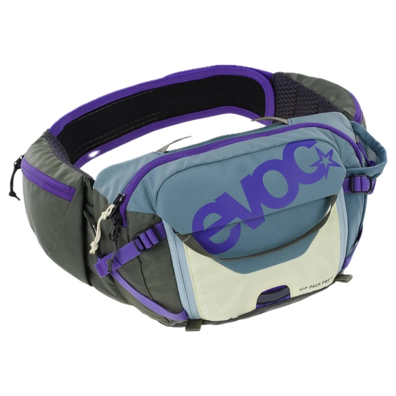 EVOC Hip Pack PRO 3 + Hydration Bladder 1.5, Hip Bag (AIR Flow Contact System, AERO Flex Hip Belt, incl. 1.5 Litre Hydration Bladder and Bottle Holder, one Size), Steel - Violet - Dark Olive