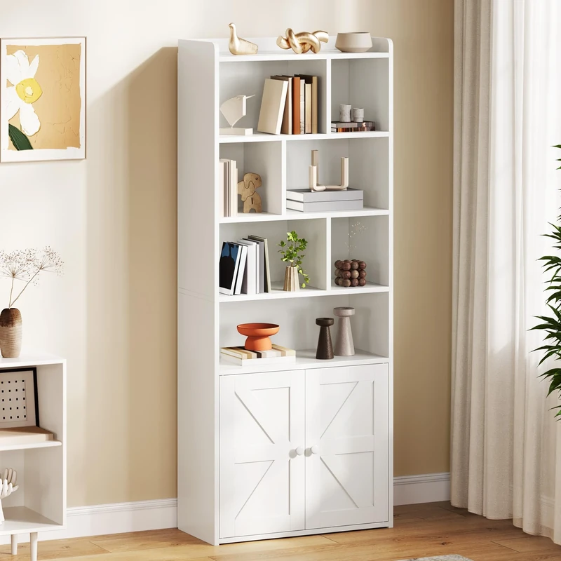 YITAHOME 4-Tier Bookcase with Doors and Cabinet, Bookshelf Floor Standing Display Storage Shelf, Top Open Compartment Book Cases for Home, Office, Living Room, Bedroom, White, 60 x 30 x 159