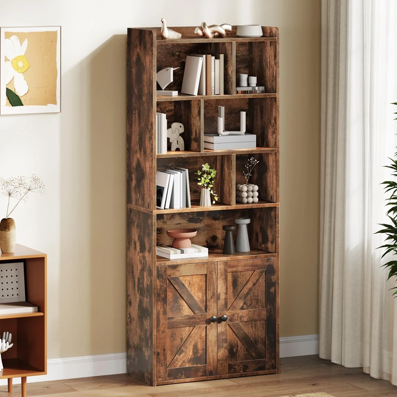 YITAHOME 4-Tier Bookcase with Doors and Cabinet, Bookshelf Floor Standing Display Storage Shelf, Top Open Compartment Book Cases for Home, Office, Living Room, Bedroom, Rustic Brown, 60 x 30 x 159