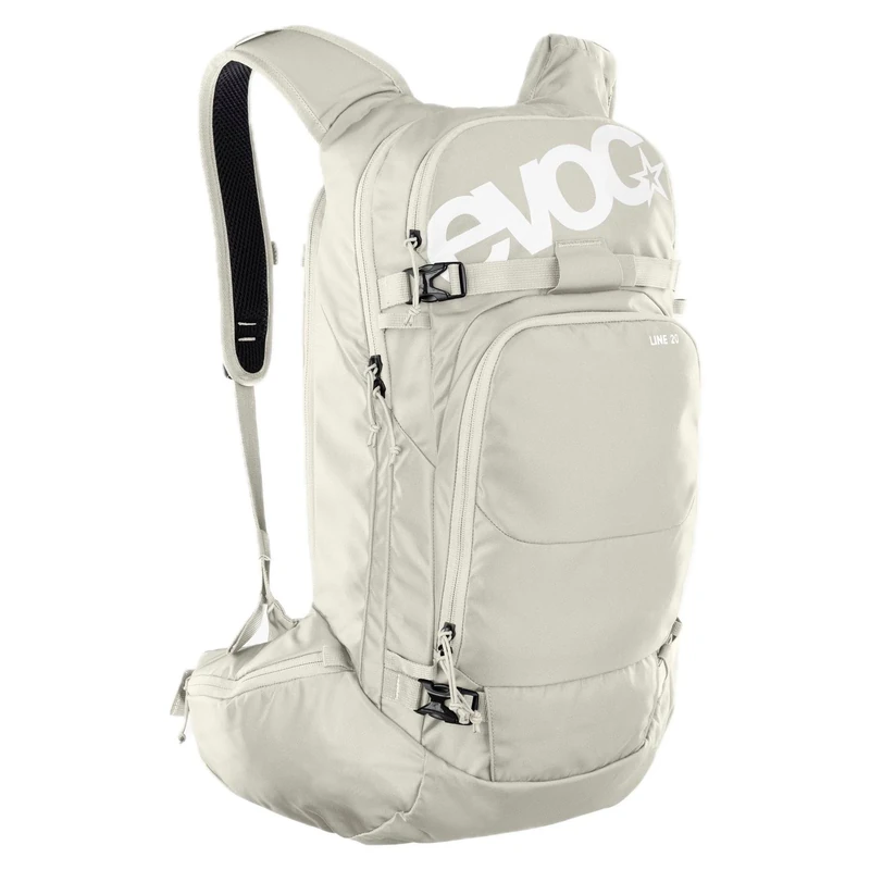 EVOC LINE 20 touring backpack, ski backpack (NEURALITE SYSTEM, separate avalanche compartment with emergency plan, ski/snowboard attachment options, hip belt pockets, BODY HUGGING), sand