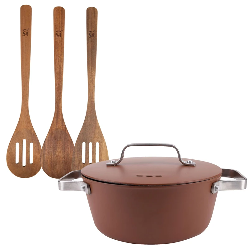San Ignacio AGROS Saucepan Set Ø28 x 12.5 cm 6L with Aluminium Lid + 3 Wooden Kitchen Utensils