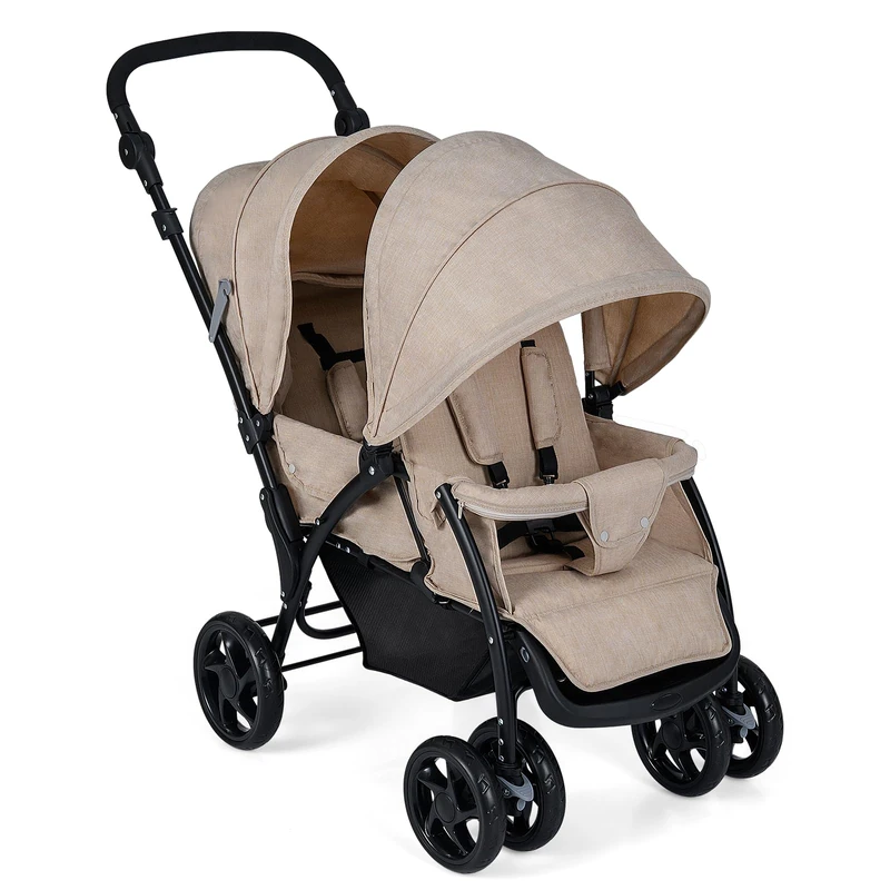 GYMAX Double Seat Stroller with Adjustable Push Handle, Detachable Canopy and Foot Rest, Foldable Baby Pushchair Buggy for Traveling, Going Shopping & Hanging Out (Khaki)
