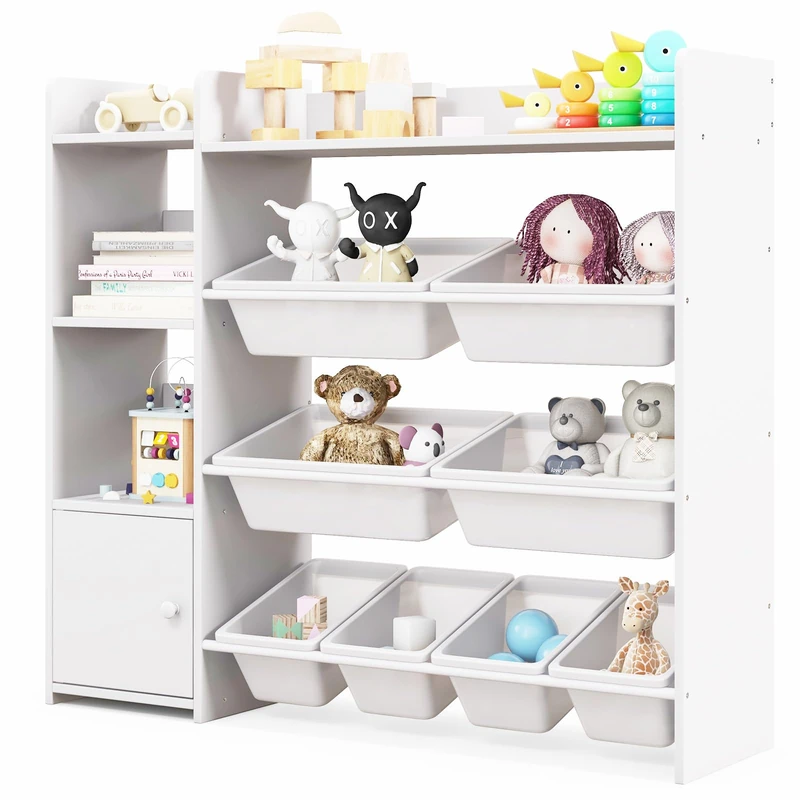 GYMAX Toy Storage Organizer, 4 Tiers Kids Bookshelf and Toy Storage Unit with 8 Bins, Open Shelves and Enclosed Cabinet, Children Bookcase for Playroom Bedroom Nursery (White)