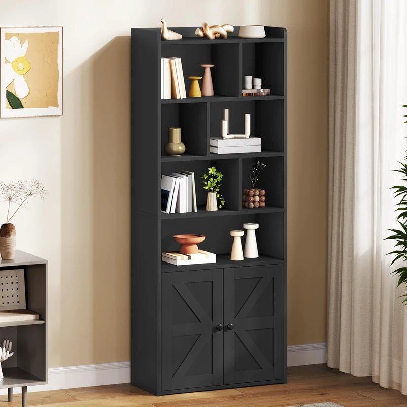 YITAHOME 4-Tier Bookcase with Doors and Cabinet, Bookshelf Floor Standing Display Storage Shelf, Top Open Compartment Book Cases for Home, Office, Living Room, Bedroom, Black, 60 x 30 x 159