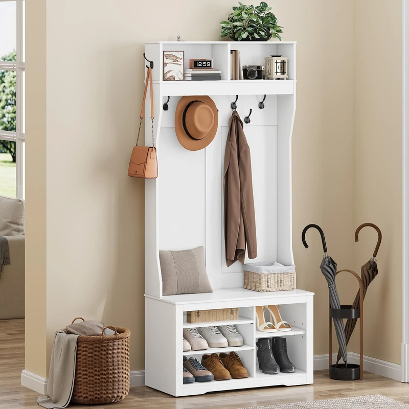 YITAHOME Coat Stand, Coat Rack with Shoe Bench, 80x 35 x 180.5cm Hall Tree with 5 Hooks & Top Open Storage, Hallway Storage Unit, Shoe and Coat Rack for Entryway, Living Room, White