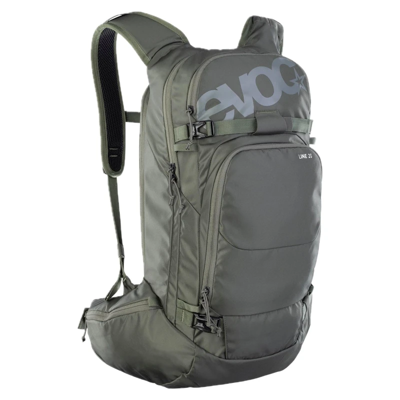 EVOC LINE 20 touring rucksack, ski rucksack (NEURALITE SYSTEM, separate avalanche compartment with emergency plan, ski/snowboard attachment options, hip belt pockets, BODY HUGGING), dark olive