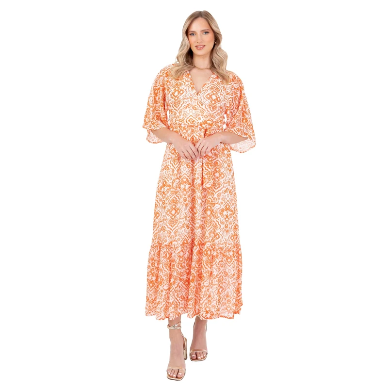 Lovedrobe Women's Midaxi Dress Ladies Kimono Sleeve V-Neck Boho Festival Graphic Print A-line Ankle-Length Sash Belt Faux-Wrap, Orange 18