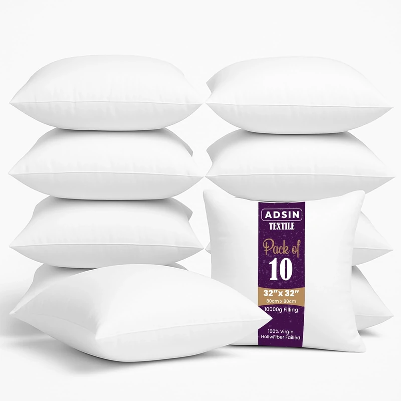 Set of 10 – 80cm x 80cm Hollowfibre Cushion New White Pad Inner Stuffer Pillow Polyester Insert Square Hypoallergenic (Pack of 10 | 32" x 32")
