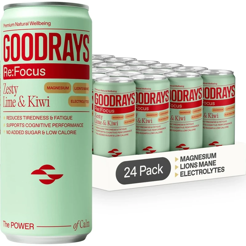 GOODRAYS Re:Focus Drinks, Sparkling Low Calorie Soft Drink with Magnesium, Lion's Mane Mushroom, Vitamin D and Electrolytes, Zesty Lime & Kiwi, 24 x 330ml Cans