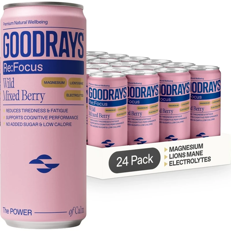 GOODRAYS Re:Focus Drinks, Sparkling Low Calorie Soft Drink with Magnesium, Lion's Mane Mushroom, Vitamin D and Electrolytes, Mixed Wild Berry, 24 x 330ml Cans
