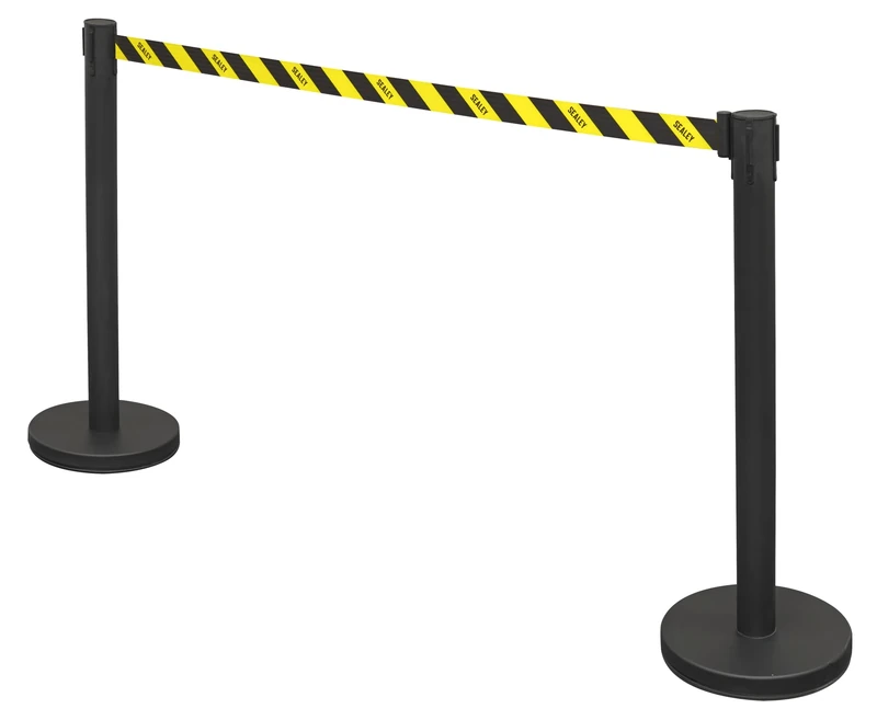Sealey Retractable Safety Belt Barrier Post - Set of 2, Black and Yellow, Pull out Belt, Crowd Control, Hazard Identification - EV23