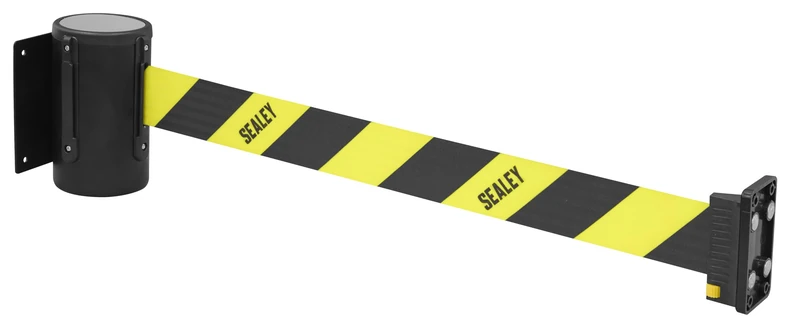 Sealey Wall Mounting Retractable Belt Barrier, Steel Plate. 5m Belt, Wall Mounted Topper, EV22