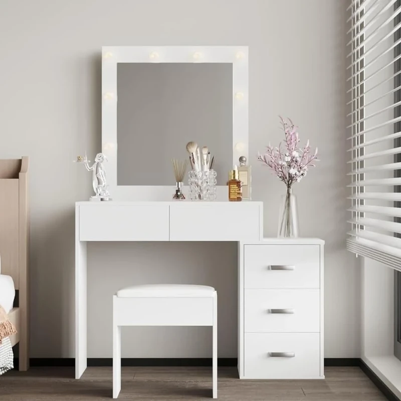 Home Source White Dressing Table Set with LED Mirror & Stool – Compact 5 Drawer Vanity Table with Mirror and Lights, Makeup Desk for Bedroom, Apartments & Student Rooms – Modern Matt White Finish